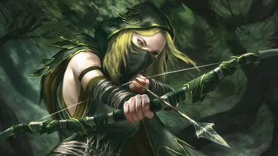 Девушка эльф в лесу с луком и …» — создано в Шедевруме