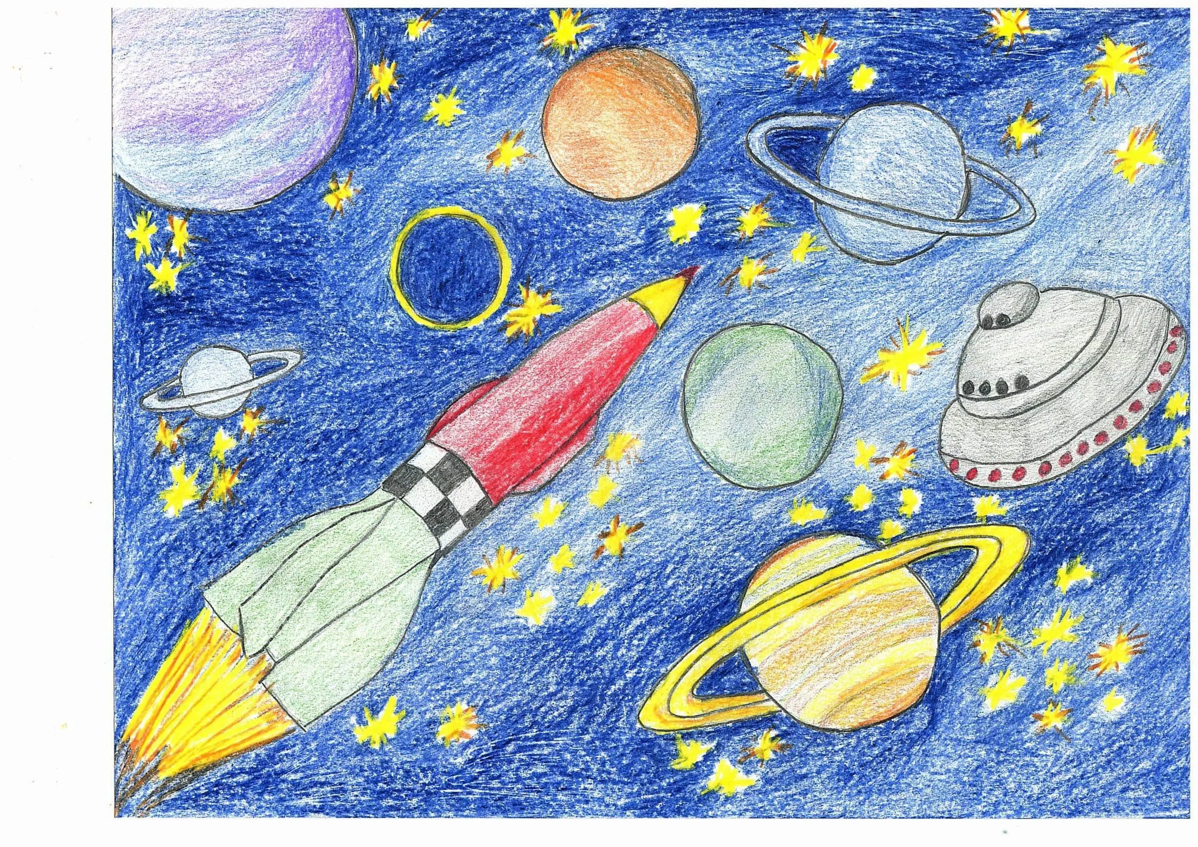Рисуем космос пошагово. Рисунок на тему космос. Рисование для детей космос. Рисунок на тему космос карандашом. Детские рисунки на тему космос.