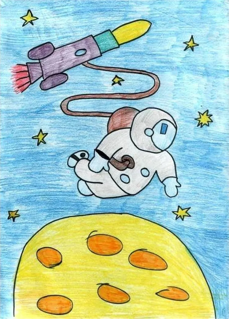 Покажи рисунки на день космонавтики. Рисунок на тему космос. Рисунок ко Дню космонавтики. Рисунок на день космонавтиков. Детский рисунок ко Дню космонавтики.