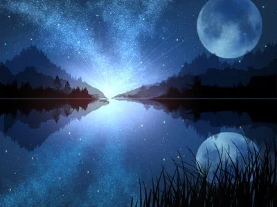 Обои на рабочий стол Полная луна и млечный путь в ночном небе над озером,  by novО±-Оі, обои для рабочего стола, скачать обои, обои бесплатно