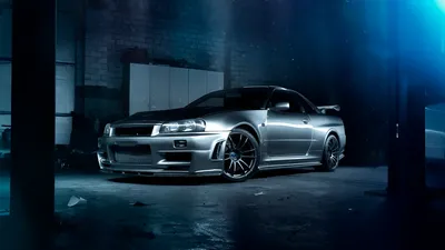 Скачать обои серебристый, Nissan, GT-R, чёрный фон, ниссан, Skyline, R34,  скайлайн, раздел nissan в разрешении 1920x1080