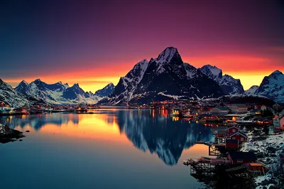 Обои для рабочего стола Лофотенские острова Норвегия Горы Озеро