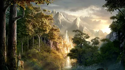Картинка в стиле фэнтези с замком, горами и водопадом - обои на рабочий стол