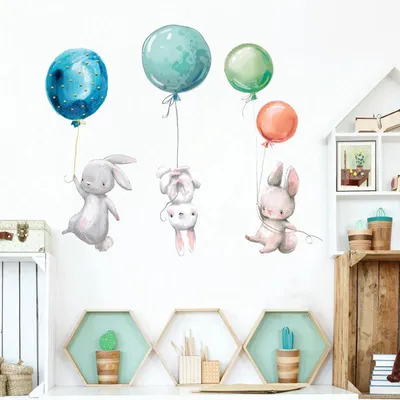 Купить Красочные воздушные шары кролики наклейки на стену для спальни для  украшения детской комнаты серый кролик наклейки на стену для детей детская  наклейка на стену | Joom