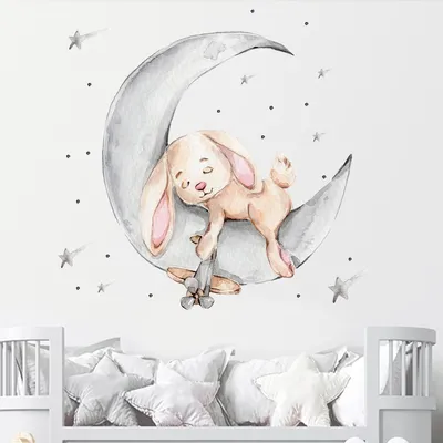 Купить Наклейки на стену с мультяшным кроликом, спящим на Луне и звездах,  для детской комнаты, украшение для детской комнаты, наклейки на стены,  интерьер комнаты | Joom