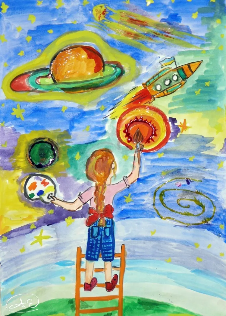 Рисунок на тему космос. Детский рисунок на тему космос. Детские рисунки на тему космос. Рисунки на тему космос для детей. Космос моими глазами рисунок