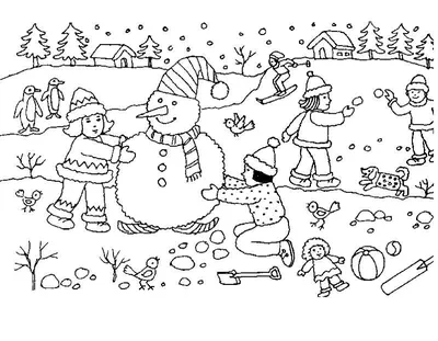 Зимние игры дети Раскраска сказочная зима