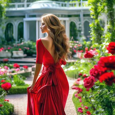 Красивая девушка с длинными темными волосами стоит в саду возле красных роз  и улыбается Stock Photo | Adobe Stock
