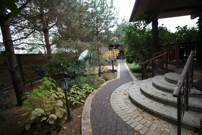 Гравелевая и деревянная ступеньки в саду Стоковое Изображение - изображение  насчитывающей среда, зеленый: 163007843