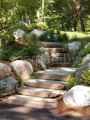 яркая известняковая лестница на скале в саду. ступеньки грубого камня к  холму с цветами. розовые красные цветы вокруг дороги Стоковое Фото -  изображение насчитывающей пурпурово, барометрического: 252302466
