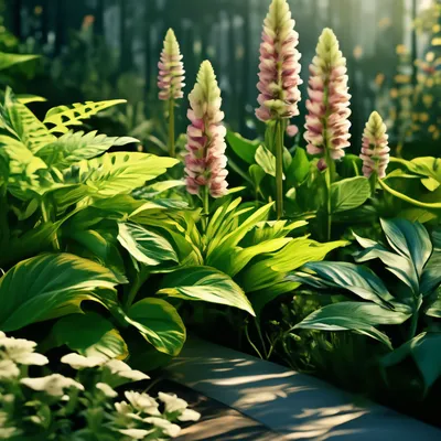 теневой сад с астильбами (Astilbe), хостами (Hosta), спиреями серыми в виде  живой изгороди (их видно на переднем плане), иргой (A… | Теневой сад,  Астильба, Цветники