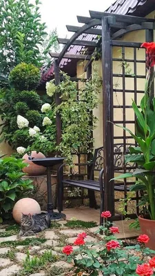 Очаровательные зона отдыха в саду, в тени протягиванного холста и цветов на  столе Стоковое Фото - изображение насчитывающей природа, сад: 167517308