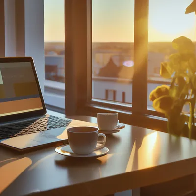 Рабочий стол, ноутбук, чашка кофе и…» — создано в Шедевруме