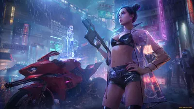 Обои на рабочий стол Девушка-Cyberpunk / Киберпанк с пистолетом в руке  стоит на ночной улице, арт к видеоигре Cyberpunk 2077 by JivoStudio, обои  для рабочего стола, скачать обои, обои бесплатно