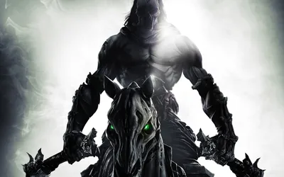 Обои на рабочий стол Death / Смерть главный герой игры Darksiders II верхом  на Отчаянии (Отчаяние - боевой конь Смерти), обои для рабочего стола,  скачать обои, обои бесплатно