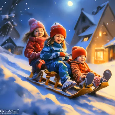 Постер на холсте Дети катаются на санках (Children sledding) 50см. x 76см.  — купить в интернет-магазине по низкой цене на Яндекс Маркете