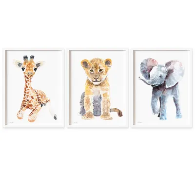 Картини за детска стая, сет жираф, лъвче и слонче