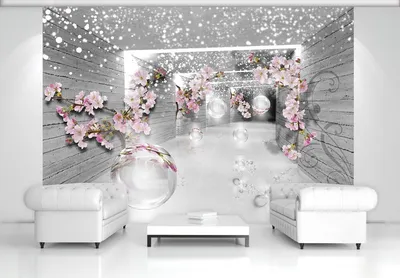 Фото обои 3д цветы и шары 254x184 см Серые стены и ветки вишни  (3360P4)+клей по цене 850,00 грн