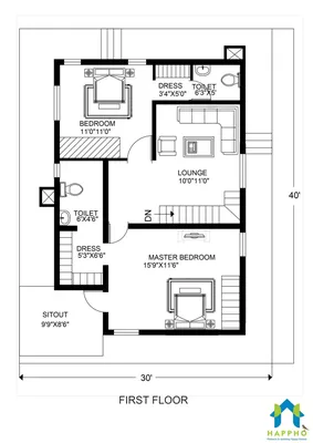 30 X 40 Duplex Floor Plan || 3-BHK (1200 Sq.ft) Plan-028 - Happho