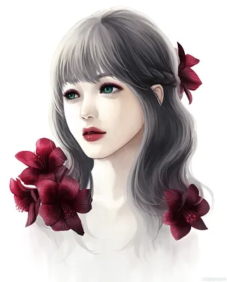 Девушка с серыми волосами с вплетёнными в них цветами — Арт картинки