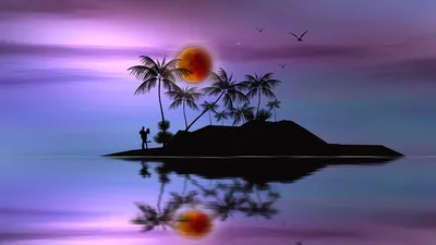 Картинки остров, пальмы, песок, тропики, лампочка, русалки, рыбы, дельфины,  море - обои 1366x768, картинка №248203