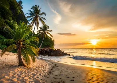 закат в море песчаный пляж с пальмами обои фон, закат солнца, море, пляж  фон картинки и Фото для бесплатной загрузки