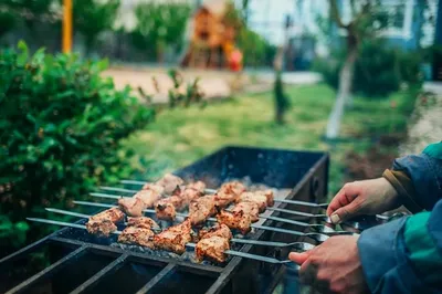 жаркое свиное шашлык и куриный шашлык на природе. жареные свиные шашлыки на  палочках и жареные куриные шашлыки на гриле Стоковое Фото - изображение  насчитывающей жечь, мясо: 218235378