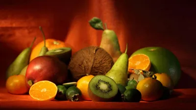 Обои киви, груши, апельсины, кокос, фрукты, ассорти картинки на рабочий стол,  фото скачать бесплатно