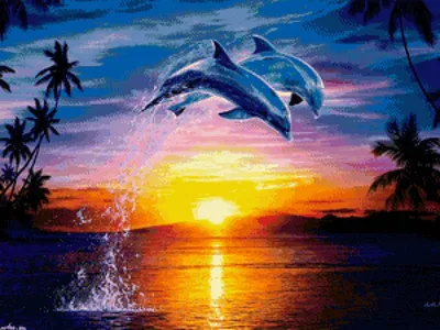Предпросмотр схемы вышивки «пара дельфинов на закате» (№917232) - Вышивка  крестом