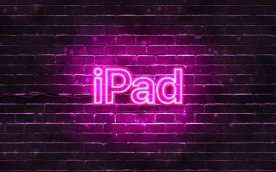 Скачать обои IPad purple logo, 4k, purple brickwall, IPad logo, Apple iPad,  brands, IPad neon logo, IPad для монитора с разрешением 3840x2400. Картинки  на рабочий стол