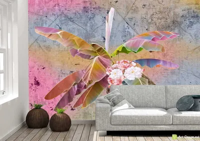 Фотообои на заказ - Бетонная стена с тропическими листьями и цветы