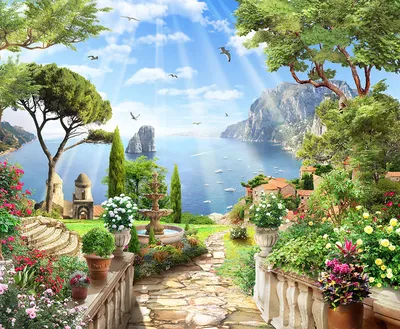 Фотообои Сад с видом на море купить на стену • Эко Обои