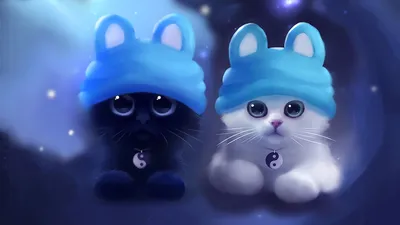 Пушистые котята в голубых шапках - обои на телефон