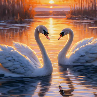 Лебеди в озере на закате, романтика…» — создано в Шедевруме