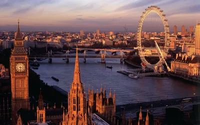 Обои на рабочий стол Вид сверху на колесо обозрения 'Лондонский глаз /  London eye' и башню Биг Бен / Big Ben, Лондон, Великобритания, обои для рабочего  стола, скачать обои, обои бесплатно