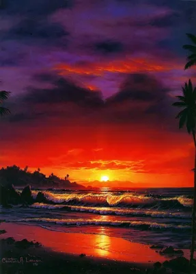 красный закат, море, пальмы | Ocean landscape painting, Beautiful nature  scenes, Beautiful landscapes
