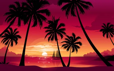 Картинки море, солнце, кораблик, пальмы, закат, пляж, Природа, небо,облака  - обои 1680x1050, картинка №15660