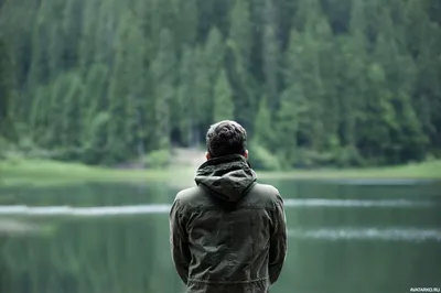 Фото мужчины в куртке со спины на фоне леса за озером — Фотографии для  аватара