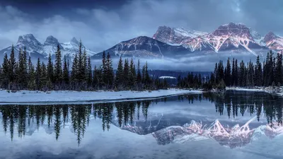 Picture Winter Spruce Nature Mountains Snow Lake Scenery 1366x768