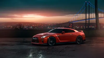 Обои на рабочий стол Nissan GTR R35 на фоне моста и ночного города, обои  для рабочего стола, скачать обои, обои бесплатно