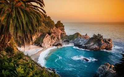 Фон рабочего стола где видно California Pacific Ocean 4K Ultra HD  wallpaper, Palms, sunset, horizon, island, vacation, Пальмы, закат,  горизонт, остров, отпуск