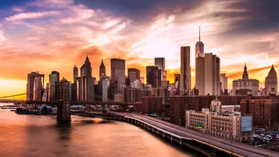 Обои Города Нью-Йорк (США), обои для рабочего стола, фотографии города,  нью-йорк , сша, нью-йорк, небоскребы, реки, дорога, сумерки Обои для рабочего  стола, скачать обои картинки заставки на рабочий стол.
