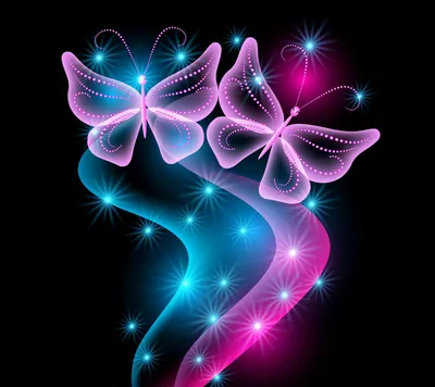 Абстракция неоновые светящиеся фиолетовым бабочки на черном фоне | Обои для  телефона