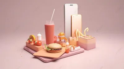 иллюстрация телефона в мультяшном стиле с едой и кнопкой заказа на заднем  плане для онлайн рекламы доставки еды, ресторанное приложение, приложение  для еды, заказ по телефону фон картинки и Фото для бесплатной