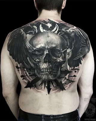 Татуировка мужская хоррор на спине череп 5548 | Art of Pain