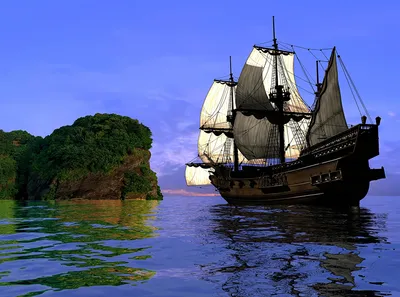 Обои на рабочий стол Пиратский корабль причалил к берегу острова, обои для рабочего  стола, скачать обои, обои бесплатно