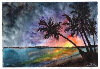 Пейзаж море и пальмы рисунок - 69 фото