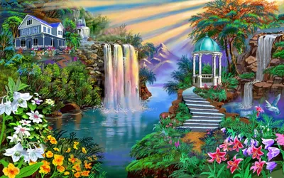 Картинка на рабочий стол яркон, небо, солнце, облака, водопад, красивое, рай,  тропики 2560 x 1440
