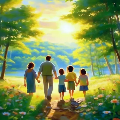 Счастливая семья гуляет на природе, …» — создано в Шедевруме