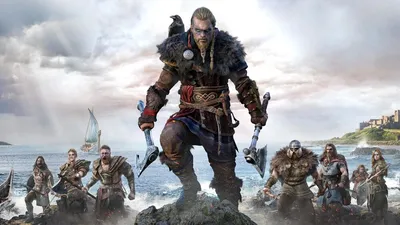 Обои на рабочий стол Викинг с двумя топорами на побережье на фоне викингов  и парусного судна из игры Assassin's Creed Valhalla, обои для рабочего стола,  скачать обои, обои бесплатно